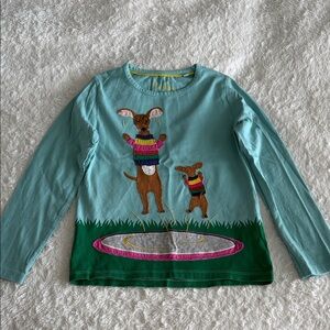 Mini Boden girls size 7-8 blue knit shirt appliquéd dogs on a trampoline spring